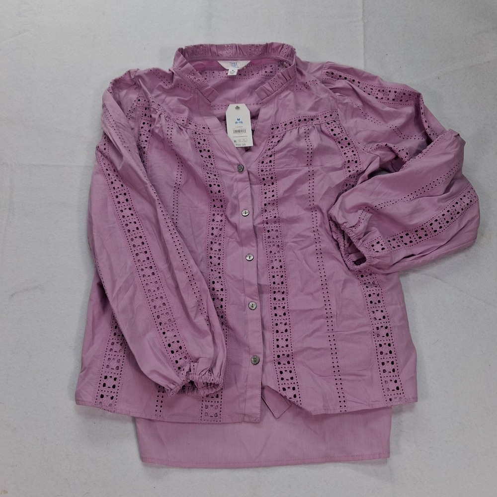 Time and Tru Top Womens M 8-10 LS Lace Soft Violet Eyelet Button Down NEW